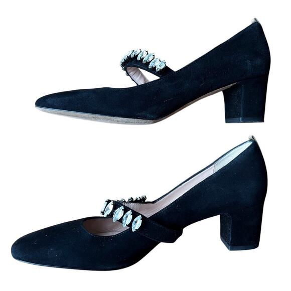 SJP by Sarah Jessica Parker Black Suede Mary Jane Block Heels Crystal Strap 8.5 - Picture 1 of 9